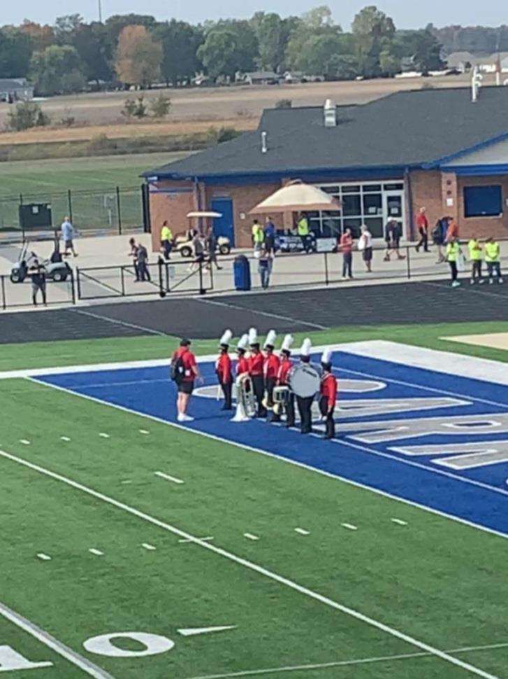 The High School Band getting set up on the goal line before competition performance at the Open Class D ISSMA Regional. Photo captured by Whitko Band Member. 18 October 2025