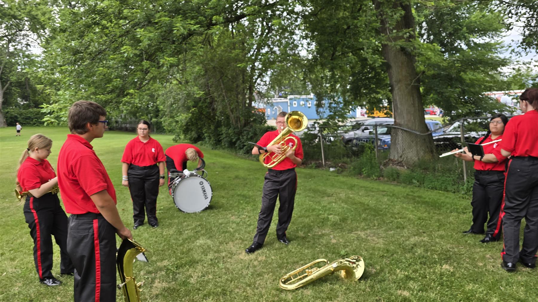 The Edison High School Band waiting to warmup in Scott Park for the LaPorte 4th of July Parade. 04 July 2025