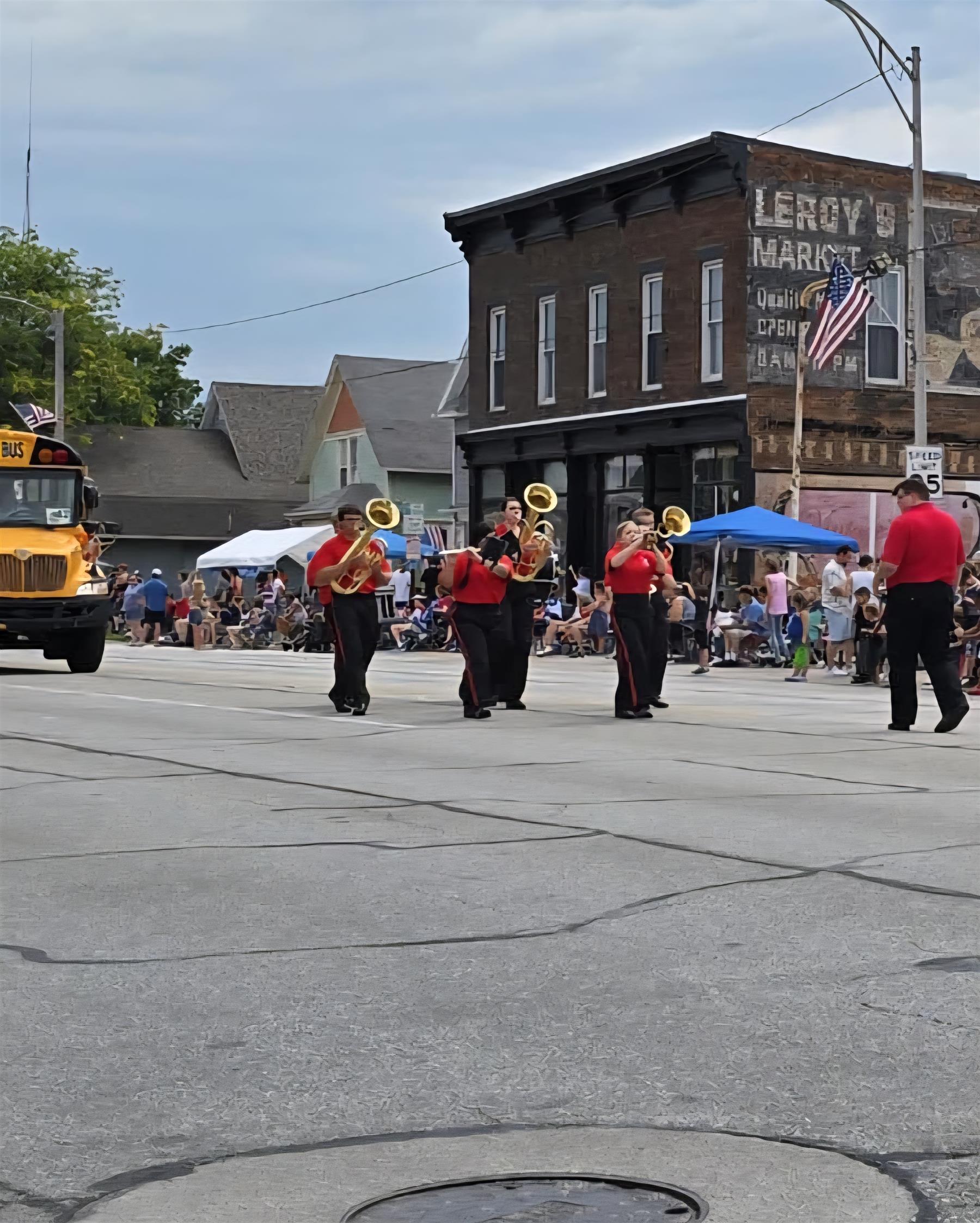 The Edison Band marching past spectators in downtown LaPorte during the parade. 04 July 2025